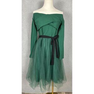 PatPat Women's Green Long Sleeve Dress Black Sash Off Shoulder Med New With Tags